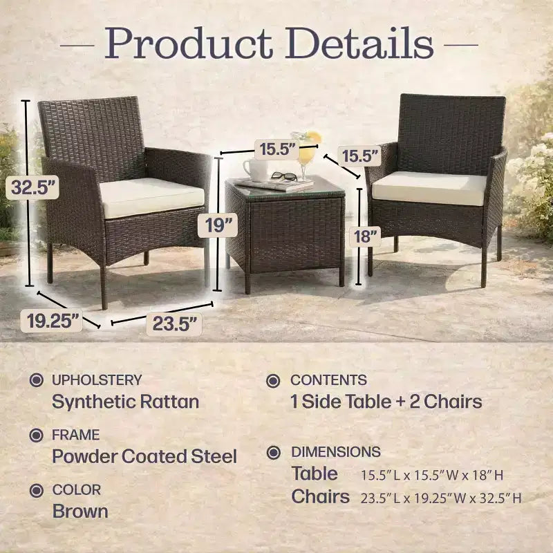 Lavish Home 3PC Outdoor Patio Furniture Set, Brown