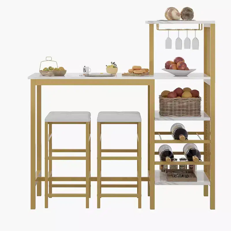 VECELO 3pcs Counter Height Dining Set Bar Table and Chairs Set for 2 with Cup Holder & Wine Rack, PU Leather Cushion Stools, Brown/Gold