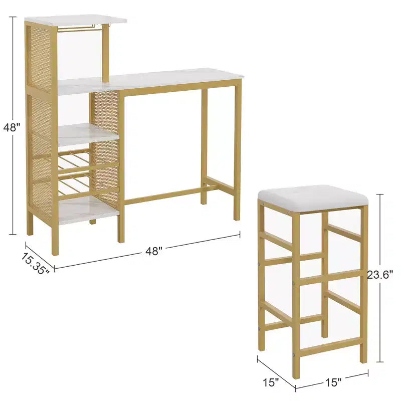 VECELO 3pcs Counter Height Dining Set Bar Table and Chairs Set for 2 with Cup Holder & Wine Rack, PU Leather Cushion Stools, Brown/Gold