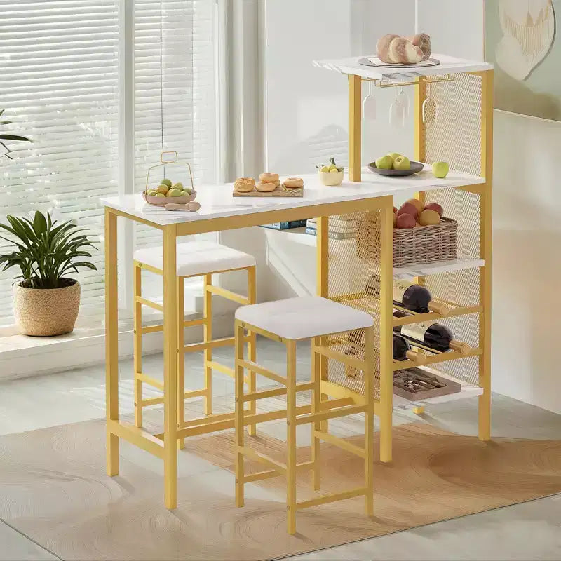 VECELO 3pcs Counter Height Dining Set Bar Table and Chairs Set for 2 with Cup Holder & Wine Rack, PU Leather Cushion Stools, Brown/Gold