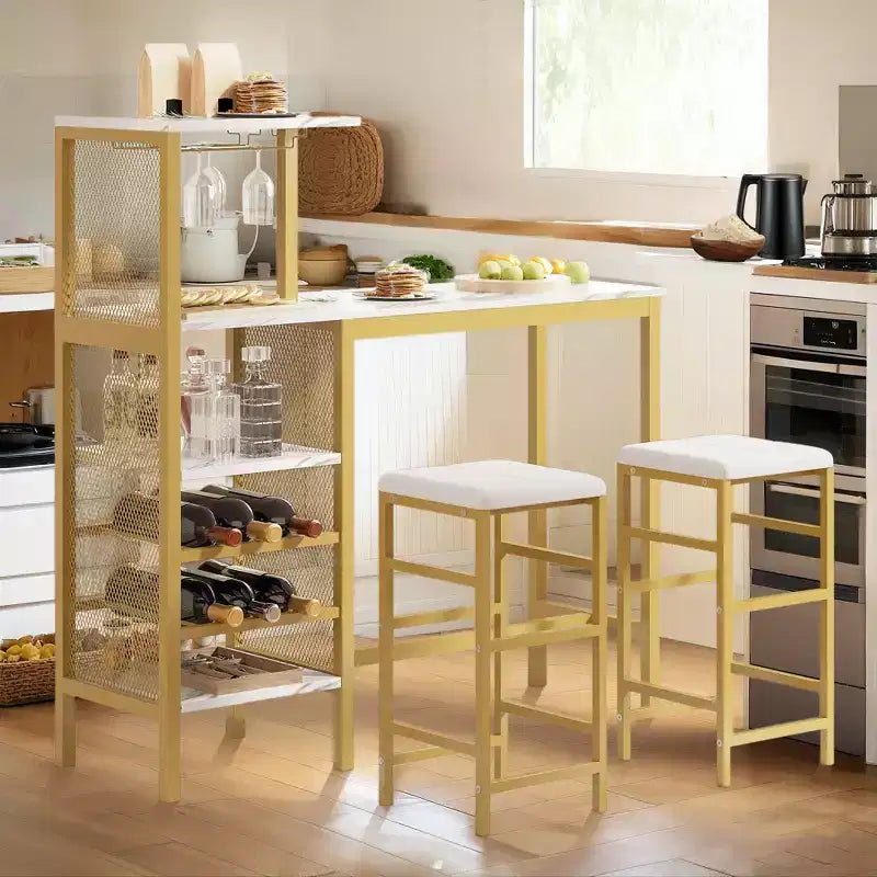 VECELO 3pcs Counter Height Dining Set Bar Table and Chairs Set for 2 with Cup Holder & Wine Rack, PU Leather Cushion Stools, Brown/Gold