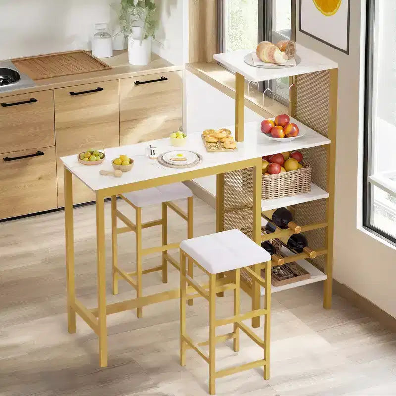 VECELO 3pcs Counter Height Dining Set Bar Table and Chairs Set for 2 with Cup Holder & Wine Rack, PU Leather Cushion Stools, Brown/Gold