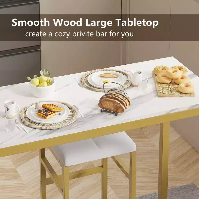 VECELO 3pcs Counter Height Dining Set Bar Table and Chairs Set for 2 with Cup Holder & Wine Rack, PU Leather Cushion Stools, Brown/Gold