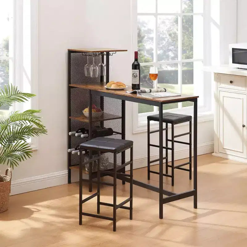 VECELO 3pcs Counter Height Dining Set Bar Table and Chairs Set for 2 with Cup Holder & Wine Rack, PU Leather Cushion Stools, Brown/Gold