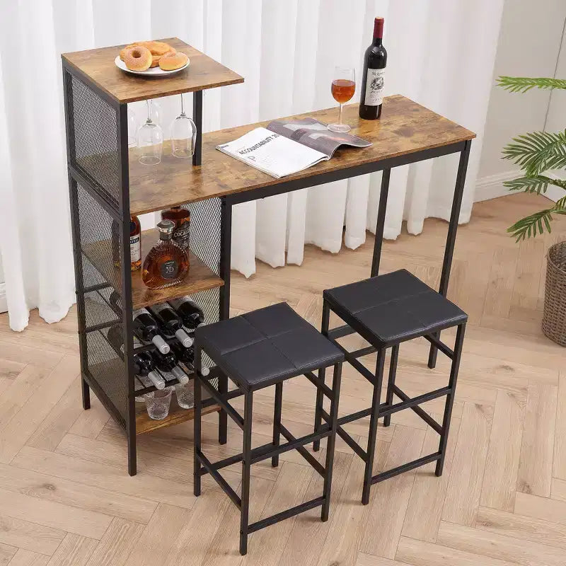 VECELO 3pcs Counter Height Dining Set Bar Table and Chairs Set for 2 with Cup Holder & Wine Rack, PU Leather Cushion Stools, Brown/Gold
