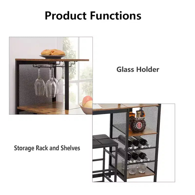 VECELO 3pcs Counter Height Dining Set Bar Table and Chairs Set for 2 with Cup Holder & Wine Rack, PU Leather Cushion Stools, Brown/Gold