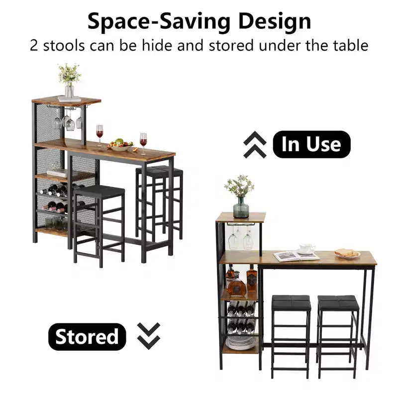 VECELO 3pcs Counter Height Dining Set Bar Table and Chairs Set for 2 with Cup Holder & Wine Rack, PU Leather Cushion Stools, Brown/Gold