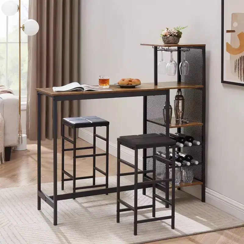 VECELO 3pcs Counter Height Dining Set Bar Table and Chairs Set for 2 with Cup Holder & Wine Rack, PU Leather Cushion Stools, Brown/Gold
