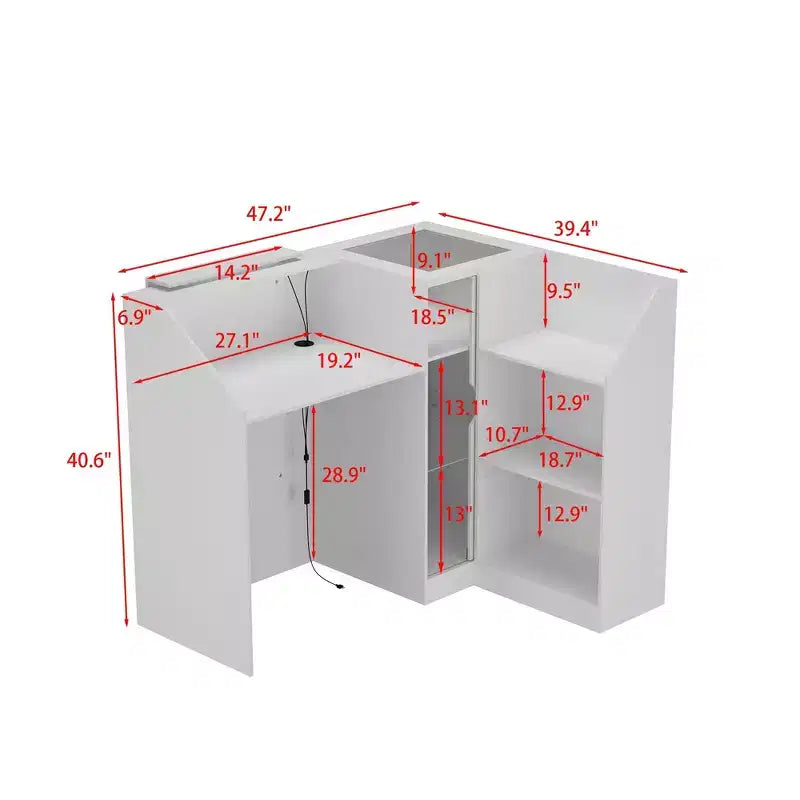 Famapy White Corner Reception Desk Display Counter Table with Tempered Glass