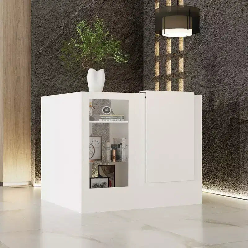 Famapy White Corner Reception Desk Display Counter Table with Tempered Glass