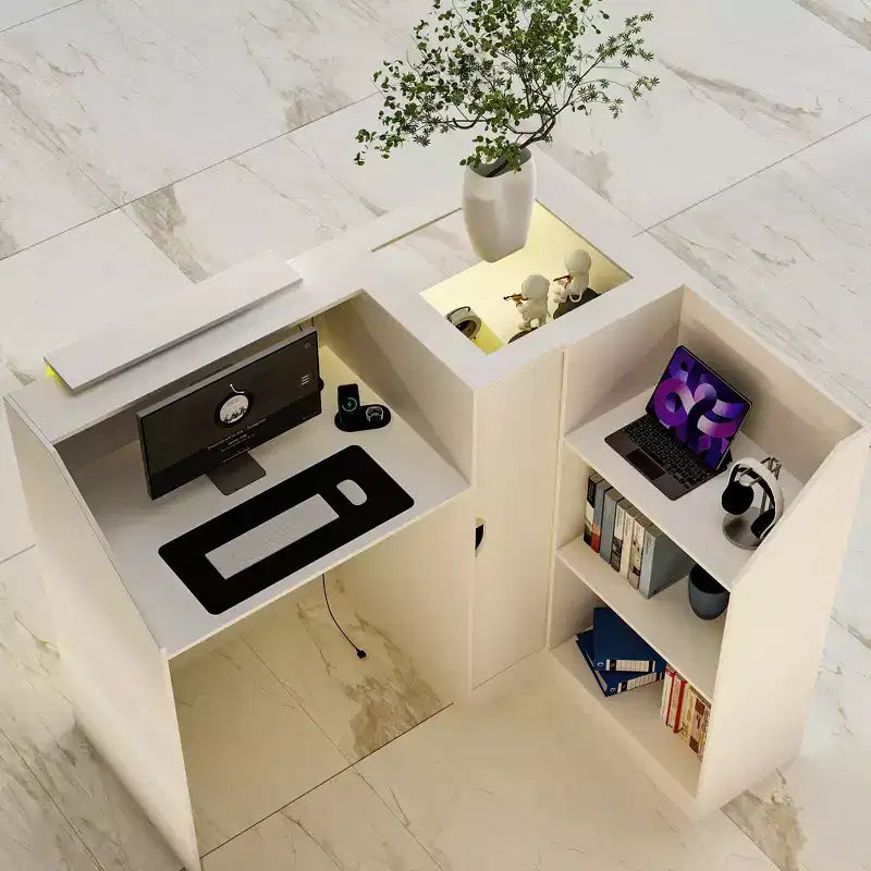 Famapy White Corner Reception Desk Display Counter Table with Tempered Glass