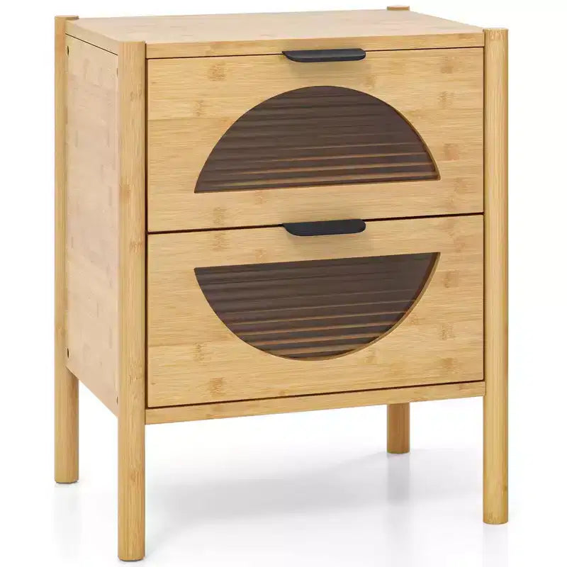 Costway 1/2 PCS Bamboo Nightstand with 2 Storage Drawers & Reeded Tempered Glass Fronts Bedroom