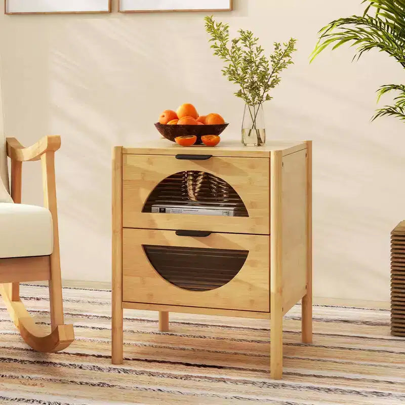 Costway 1/2 PCS Bamboo Nightstand with 2 Storage Drawers & Reeded Tempered Glass Fronts Bedroom