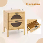 Costway 1/2 PCS Bamboo Nightstand with 2 Storage Drawers & Reeded Tempered Glass Fronts Bedroom