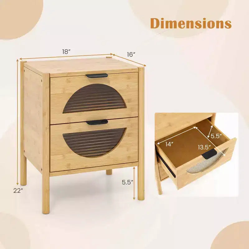 Costway 1/2 PCS Bamboo Nightstand with 2 Storage Drawers & Reeded Tempered Glass Fronts Bedroom
