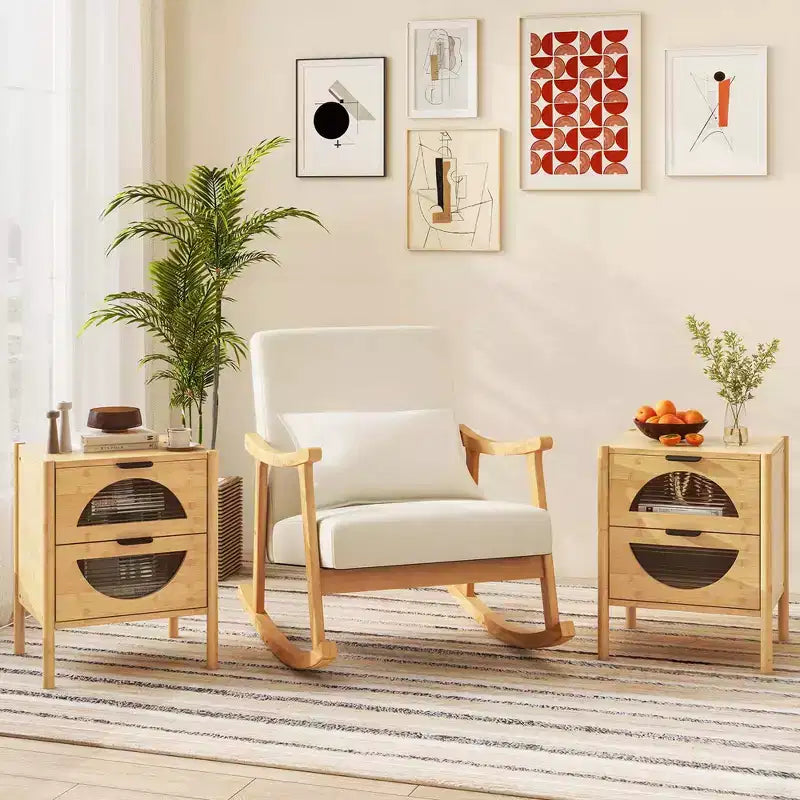Costway 1/2 PCS Bamboo Nightstand with 2 Storage Drawers & Reeded Tempered Glass Fronts Bedroom
