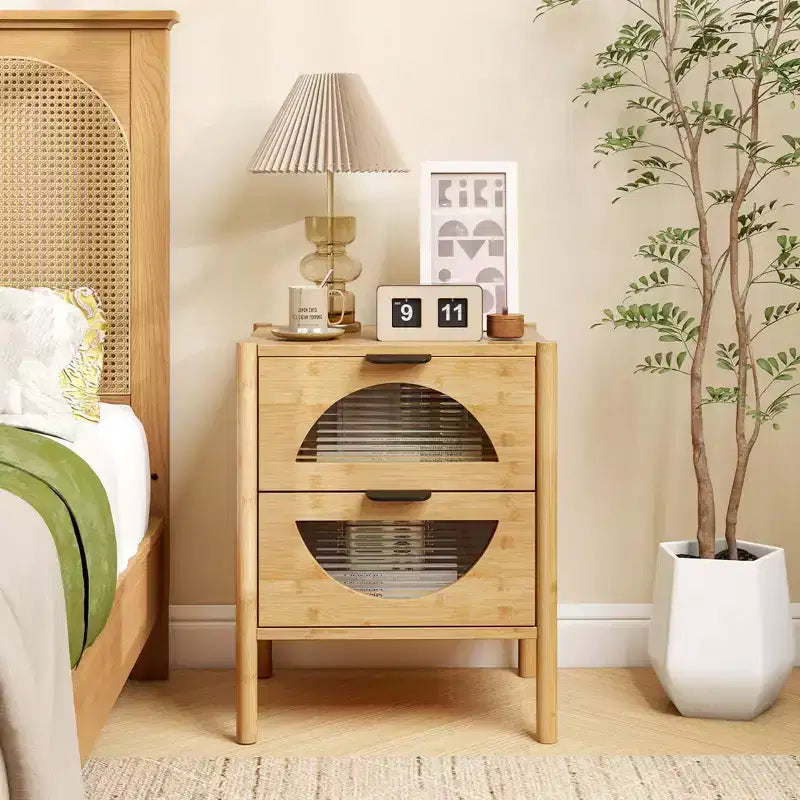 Costway 1/2 PCS Bamboo Nightstand with 2 Storage Drawers & Reeded Tempered Glass Fronts Bedroom