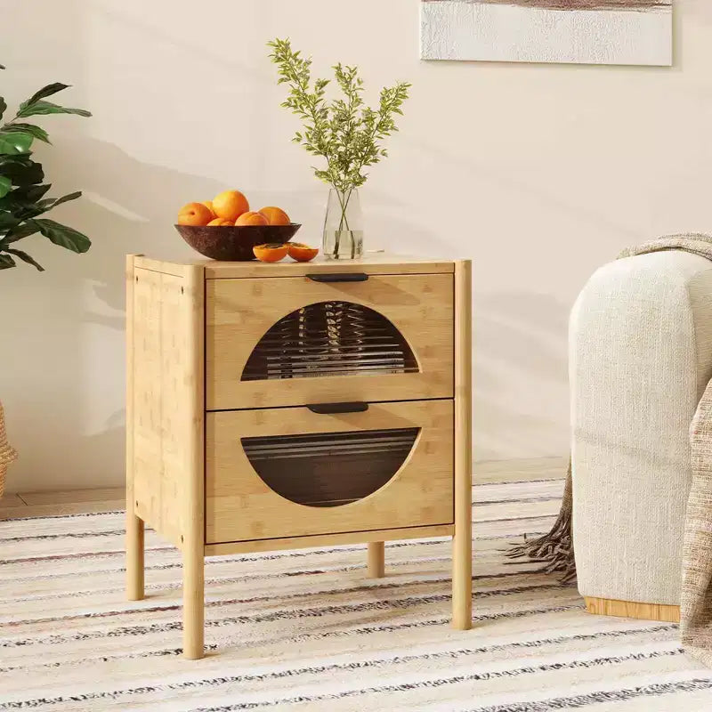 Costway 1/2 PCS Bamboo Nightstand with 2 Storage Drawers & Reeded Tempered Glass Fronts Bedroom