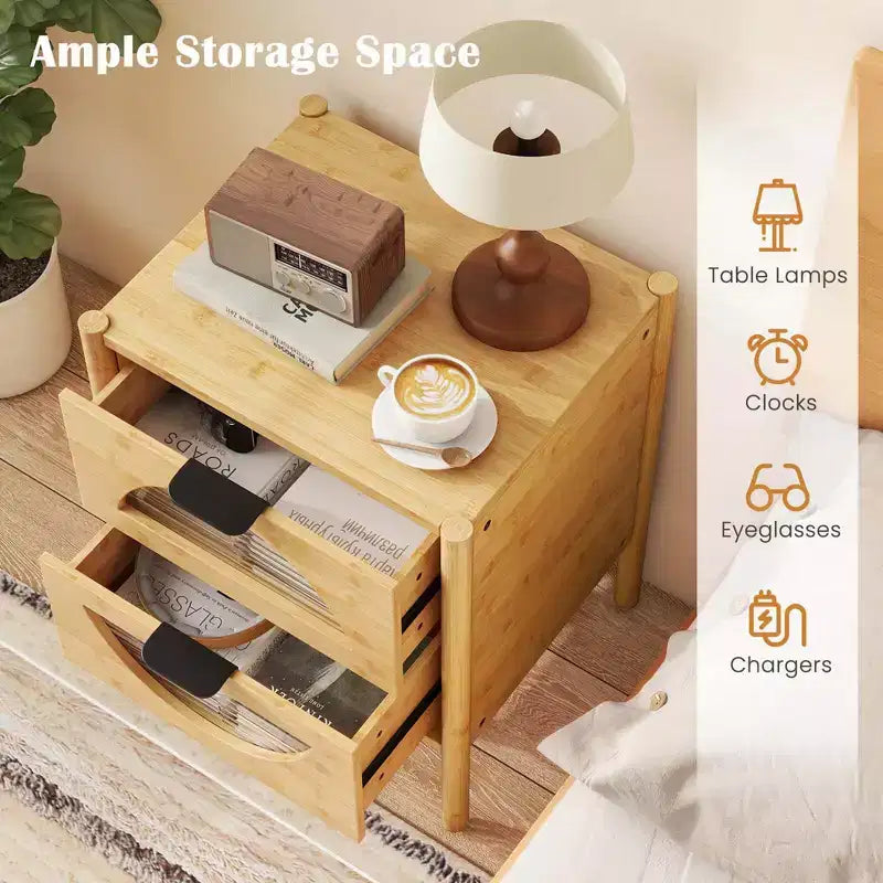 Costway 1/2 PCS Bamboo Nightstand with 2 Storage Drawers & Reeded Tempered Glass Fronts Bedroom