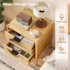 Costway 1/2 PCS Bamboo Nightstand with 2 Storage Drawers & Reeded Tempered Glass Fronts Bedroom