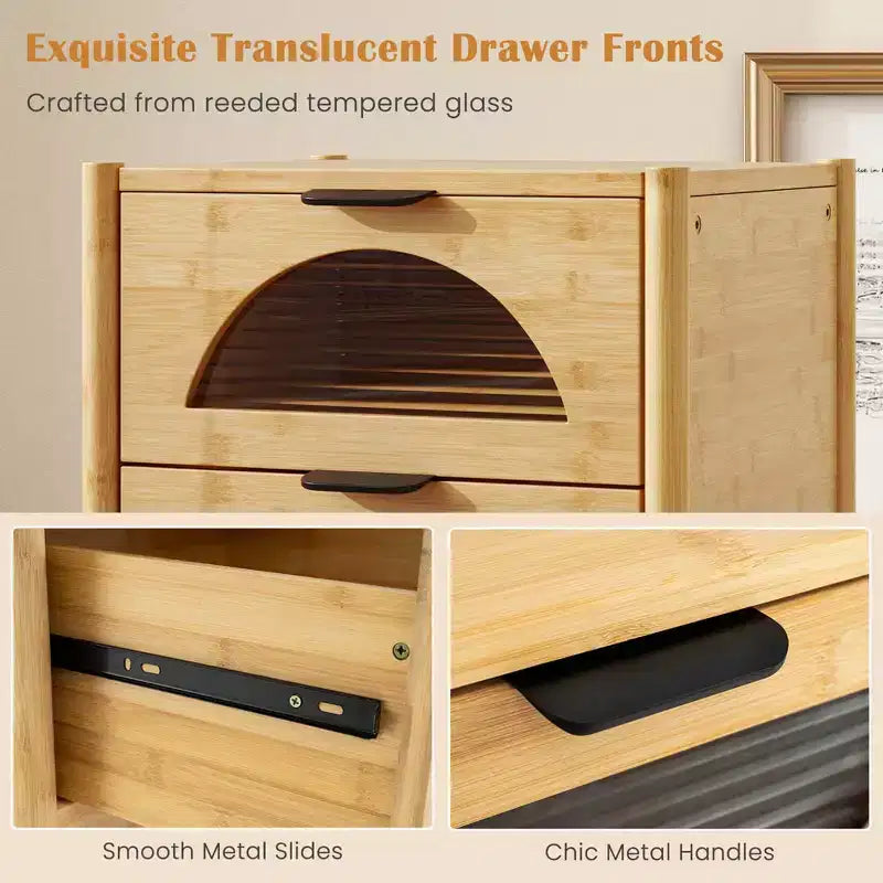 Costway 1/2 PCS Bamboo Nightstand with 2 Storage Drawers & Reeded Tempered Glass Fronts Bedroom
