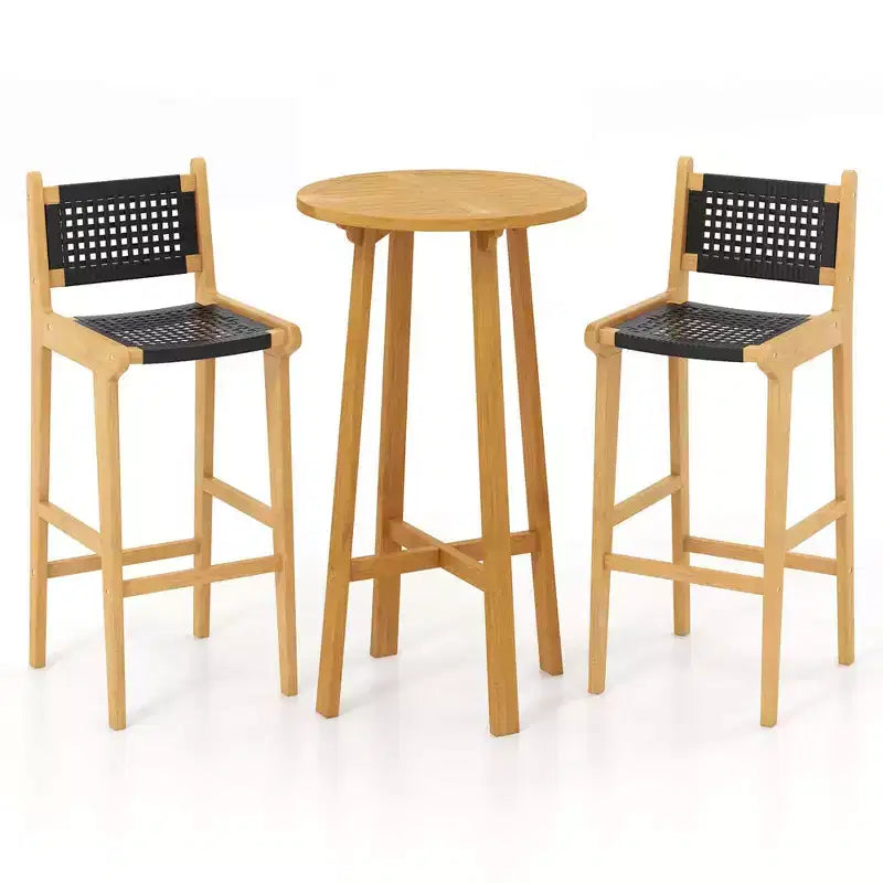 Costway 3 PCS Patio Bar Set Round Cocktail Table with 2 Armless Rattan Bar Stools