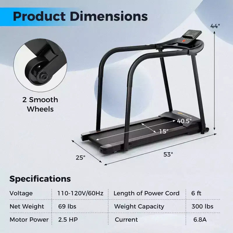 Costway 2.5 HP Walking Treadmill with Long Handrails for Seniors Pulse Sensors LED Display