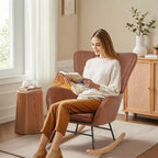VECELO Upholstered Faux Leather/Teddy Fabric Rocking Chair Modern Glider Rocker Recliner with Thick Headrest, Padded Seat White/Brown/Pink