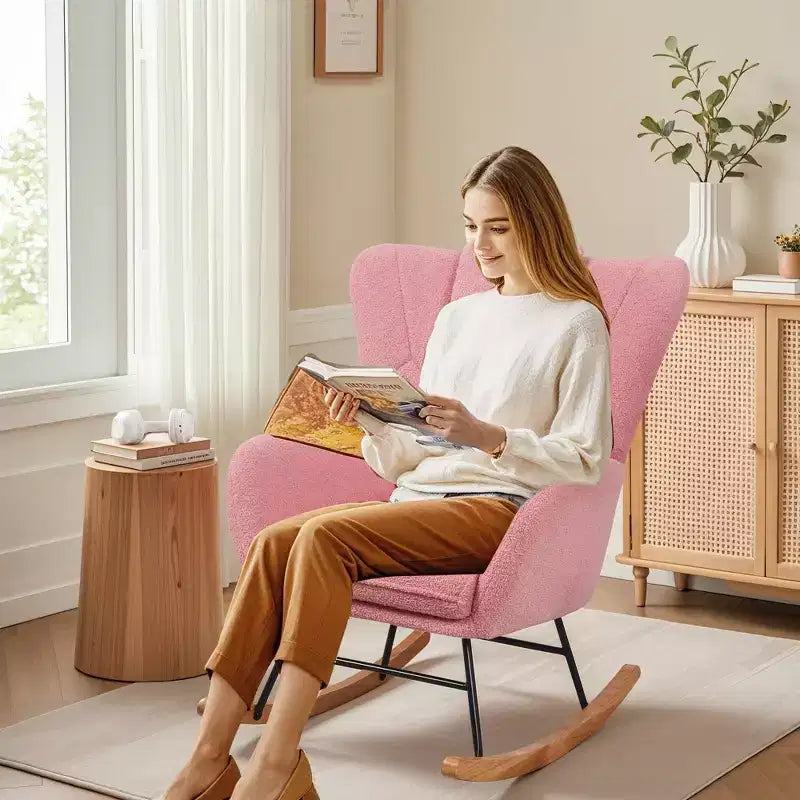 VECELO Upholstered Faux Leather/Teddy Fabric Rocking Chair Modern Glider Rocker Recliner with Thick Headrest, Padded Seat White/Brown/Pink