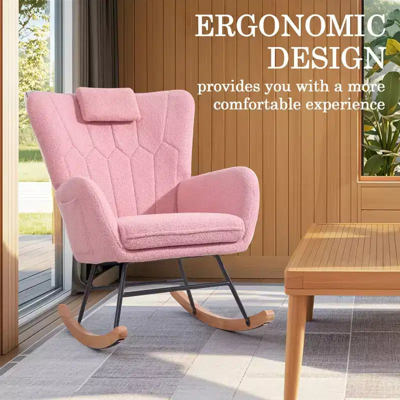 VECELO Upholstered Faux Leather/Teddy Fabric Rocking Chair Modern Glider Rocker Recliner with Thick Headrest, Padded Seat White/Brown/Pink