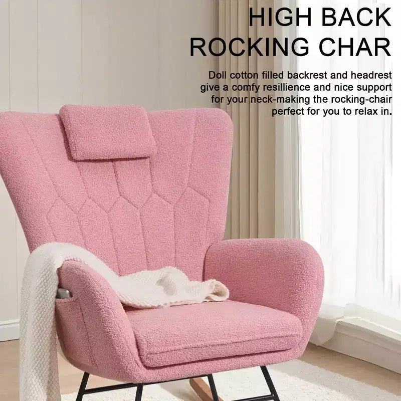 VECELO Upholstered Faux Leather/Teddy Fabric Rocking Chair Modern Glider Rocker Recliner with Thick Headrest, Padded Seat White/Brown/Pink