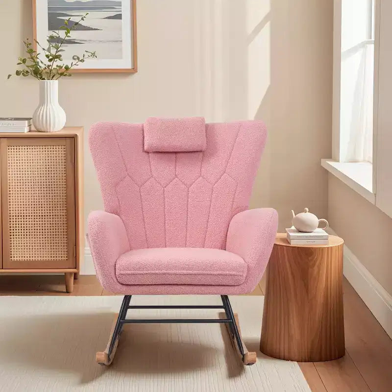 VECELO Upholstered Faux Leather/Teddy Fabric Rocking Chair Modern Glider Rocker Recliner with Thick Headrest, Padded Seat White/Brown/Pink