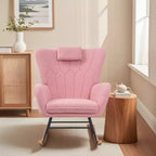 VECELO Upholstered Faux Leather/Teddy Fabric Rocking Chair Modern Glider Rocker Recliner with Thick Headrest, Padded Seat White/Brown/Pink
