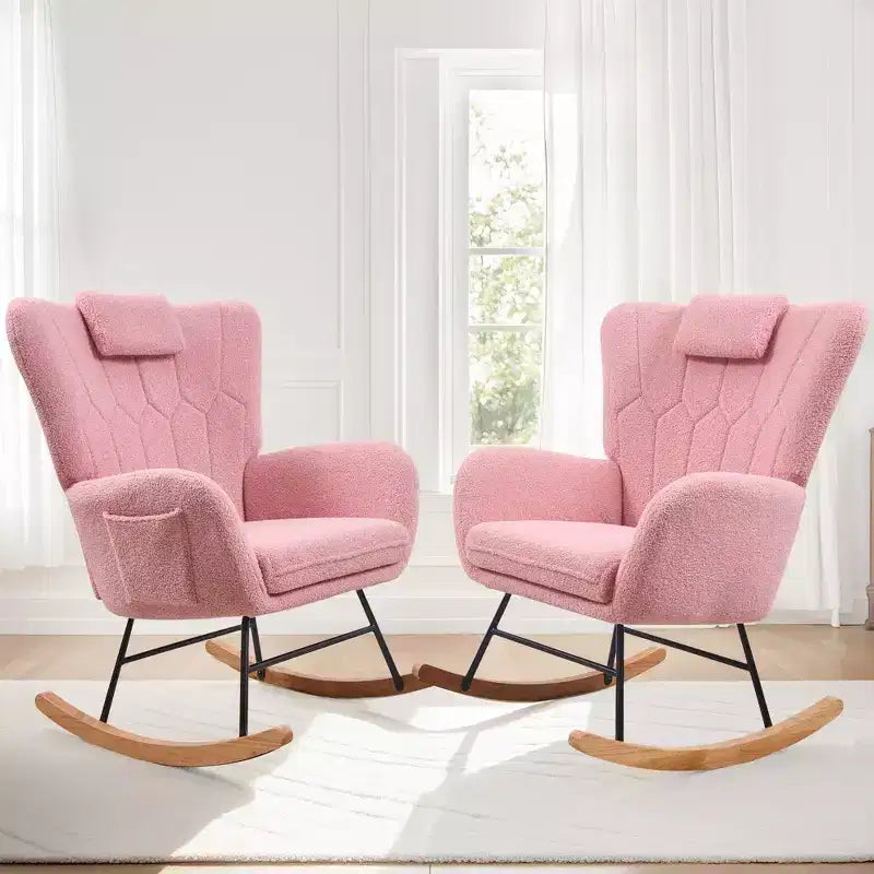 VECELO Upholstered Faux Leather/Teddy Fabric Rocking Chair Modern Glider Rocker Recliner with Thick Headrest, Padded Seat White/Brown/Pink