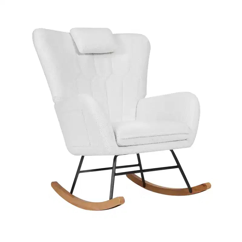 VECELO Upholstered Faux Leather/Teddy Fabric Rocking Chair Modern Glider Rocker Recliner with Thick Headrest, Padded Seat White/Brown/Pink