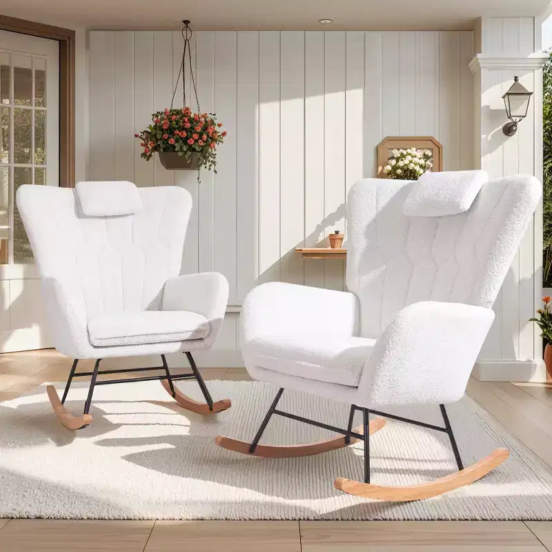 VECELO Upholstered Faux Leather/Teddy Fabric Rocking Chair Modern Glider Rocker Recliner with Thick Headrest, Padded Seat White/Brown/Pink