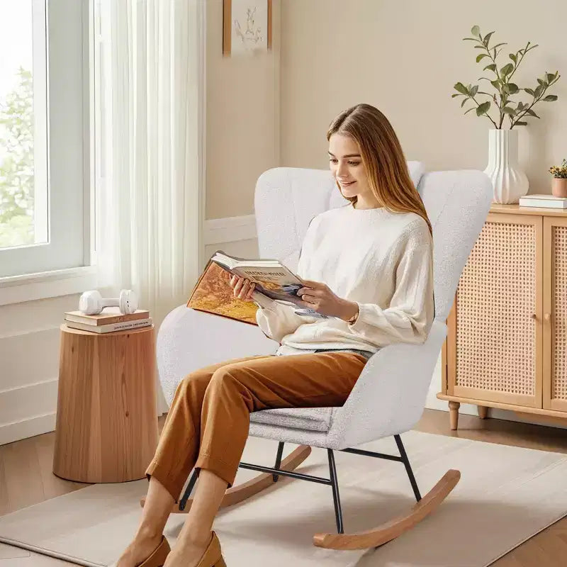 VECELO Upholstered Faux Leather/Teddy Fabric Rocking Chair Modern Glider Rocker Recliner with Thick Headrest, Padded Seat White/Brown/Pink