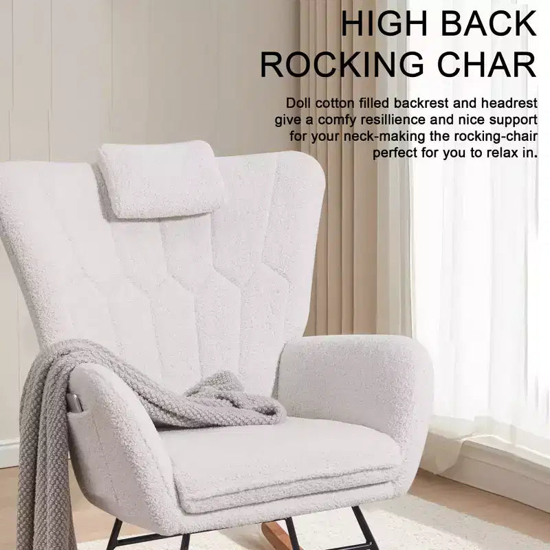 VECELO Upholstered Faux Leather/Teddy Fabric Rocking Chair Modern Glider Rocker Recliner with Thick Headrest, Padded Seat White/Brown/Pink
