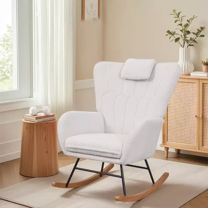 VECELO Upholstered Faux Leather/Teddy Fabric Rocking Chair Modern Glider Rocker Recliner with Thick Headrest, Padded Seat White/Brown/Pink