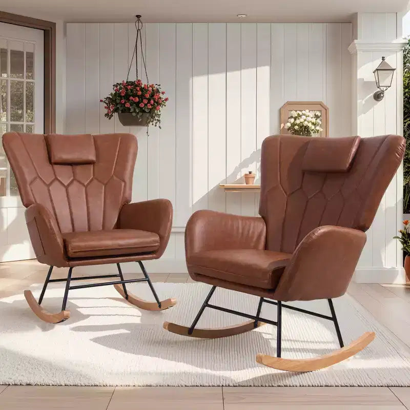 VECELO Upholstered Faux Leather/Teddy Fabric Rocking Chair Modern Glider Rocker Recliner with Thick Headrest, Padded Seat White/Brown/Pink