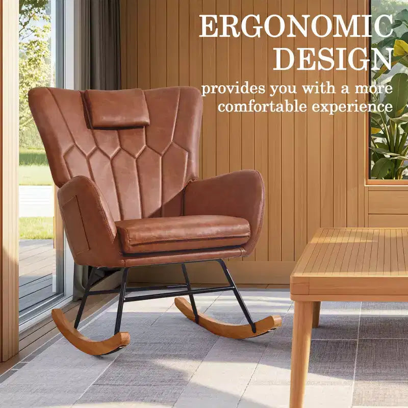 VECELO Upholstered Faux Leather/Teddy Fabric Rocking Chair Modern Glider Rocker Recliner with Thick Headrest, Padded Seat White/Brown/Pink