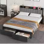 Whizmax Full Size Bed Frame with Upholstered Headboard, Industrial Full Platform Bed with 2 Storage Drawers and Charging Station, No Box Spring Needed