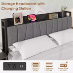 Whizmax Full Size Bed Frame with Upholstered Headboard, Industrial Full Platform Bed with 2 Storage Drawers and Charging Station, No Box Spring Needed