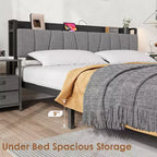 Whizmax Full Size Bed Frame with Upholstered Headboard, Industrial Full Platform Bed with 2 Storage Drawers and Charging Station, No Box Spring Needed