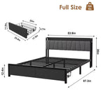 Whizmax Full Size Bed Frame with Upholstered Headboard, Industrial Full Platform Bed with 2 Storage Drawers and Charging Station, No Box Spring Needed