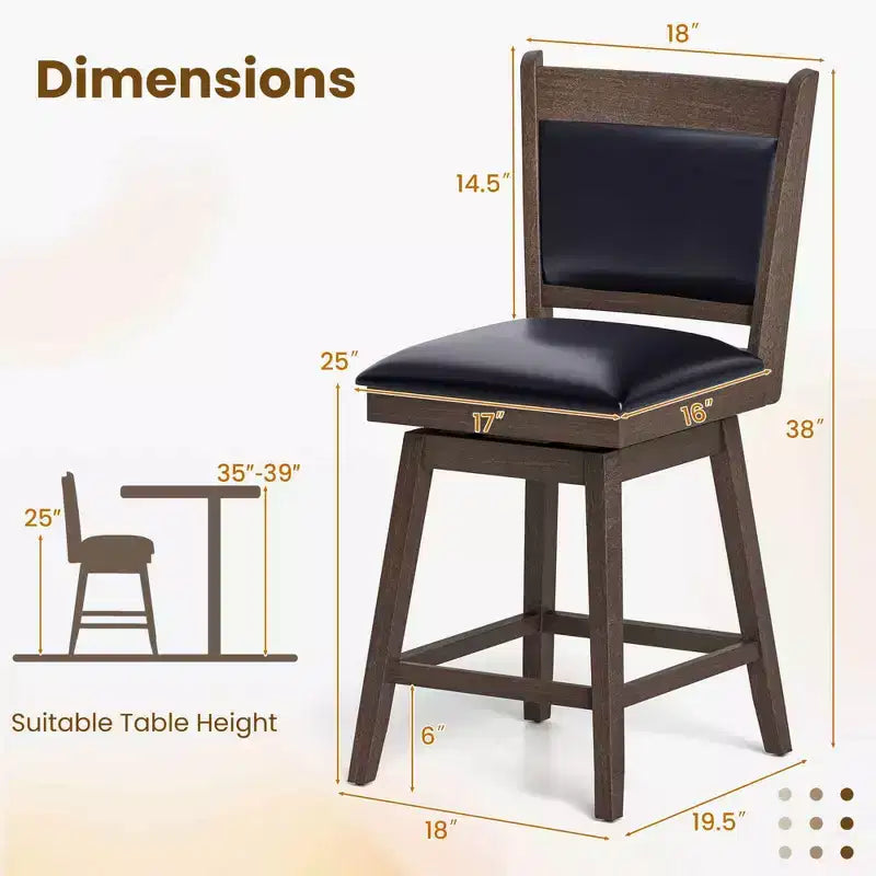 Costway 25 Swivel Bar Stools Set of 2 with Back Rubber Wood Legs Sturdy Footrest