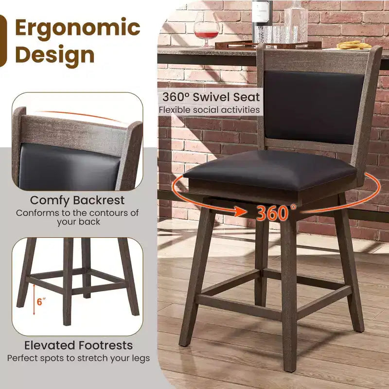 Costway 25 Swivel Bar Stools Set of 2 with Back Rubber Wood Legs Sturdy Footrest