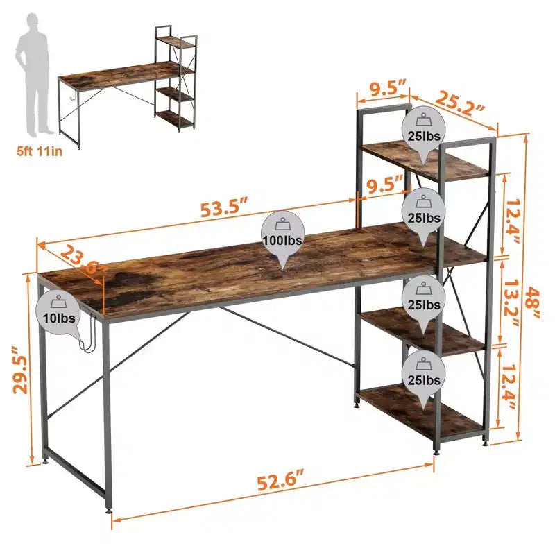 Bestier 47 inch Reversible Computer Desk with Storage Shelves for Home Office in Rustic Brown