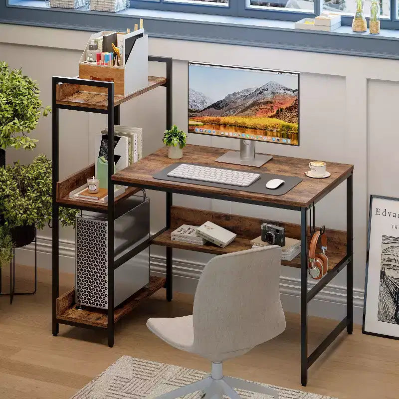 Bestier 47 inch Reversible Computer Desk with Storage Shelves for Home Office in Rustic Brown