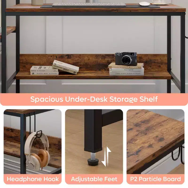 Bestier 47 inch Reversible Computer Desk with Storage Shelves for Home Office in Rustic Brown